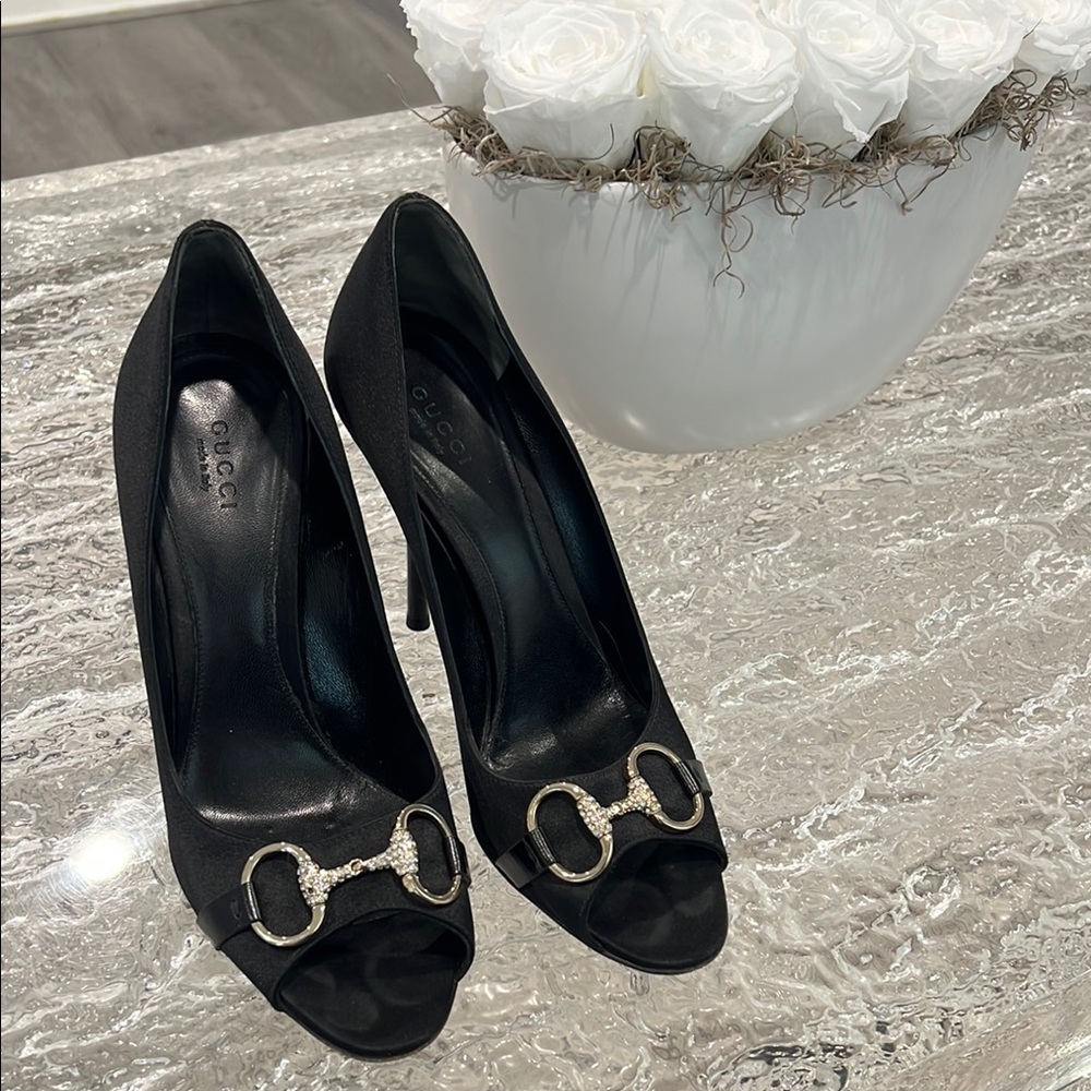 Gucci Black Peep-Toe Heels with Silver Accents